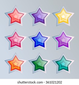 Star buttons set, app icons with different color textures. Set of game buttons. Interface game illustration. Infographic Elements.