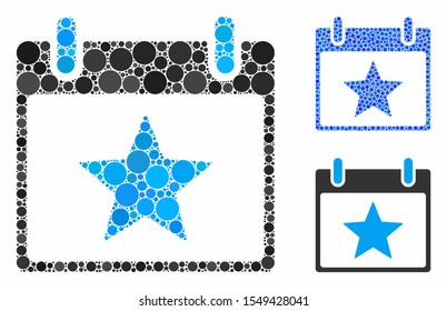 Star calendar day composition of small circles in various sizes and color tints, based on star calendar day icon. Vector small circles are composed into blue collage.