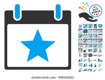 Star Calendar Day icon with bonus calendar and time management pictogram set. Vector illustration style is flat iconic symbols, blue and gray colors, white background.
