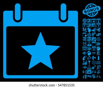 Star Calendar Day icon with bonus calendar and time management graphic icons. Vector illustration style is flat iconic symbols, blue, black background.