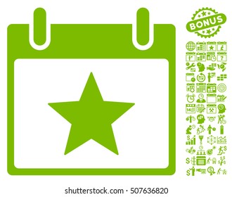 Star Calendar Day pictograph with bonus calendar and time management icon set. Vector illustration style is flat iconic symbols, eco green, white background.