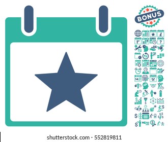 Star Calendar Day pictograph with bonus calendar and time management symbols. Vector illustration style is flat iconic symbols, cobalt and cyan, white background.