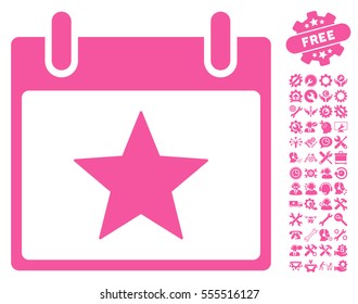 Star Calendar Day pictograph with bonus configuration icon set. Vector illustration style is flat iconic symbols, pink, white background.