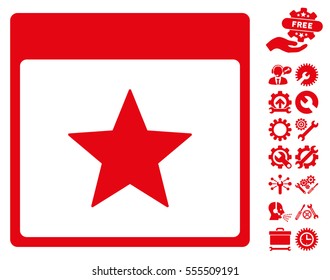 Star Calendar Page icon with bonus service symbols. Vector illustration style is flat iconic symbols, red, white background.