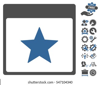 Star Calendar Page pictograph with bonus setup tools clip art. Vector illustration style is flat iconic symbols, cobalt and gray, white background.