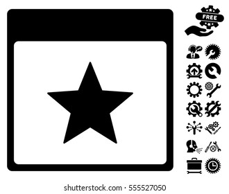 Star Calendar Page pictograph with bonus service graphic icons. Vector illustration style is flat iconic symbols, black, white background.