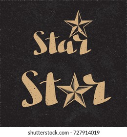 Star Calligraphic Hand Drawn Logos Set with Inverted Engraved Star Pentagon in the Middle and Over Lettering - Beige Elements on Black Rough Paper Background - Vector Contrast Graphic Design
