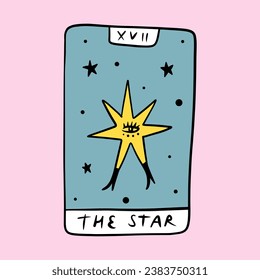 The Star cartoon doodle Tarot logo or label, magic cards reader, hand-drawn sketch brush simple minimal print for magical esoteric souvenirs. Witchy female hand drawn magic love fortune spell