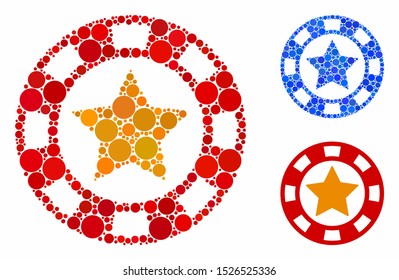 Star casino chip composition for star casino chip icon of circle elements in different sizes and color tinges. Vector circle elements are grouped into blue composition.