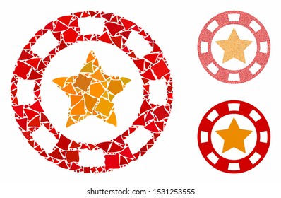 Star casino chip mosaic of inequal pieces in different sizes and color tinges, based on star casino chip icon. Vector uneven pieces are composed into collage.