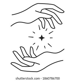 Star catching woman hands. Make a wish poster. Decorative print design. Isolated abstract vector drawing.