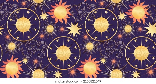 Star celestial seamless pattern with sun and planet. Magical astrology in vintage boho style. Golden sun with rays and stars. Vector illustration