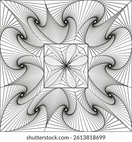Star center shape. Swirl frame layout. Abstract vector pattern. Sharp line detail.