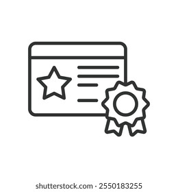 Sternzertifikat, Symbol im Liniendesign. Stern, Zertifikat, Auszeichnung, Anerkennung, Leistung, Ehre, Abzeichen auf weißem Hintergrund Vektor. Strichsymbol für bearbeitbares Sternzertifikat