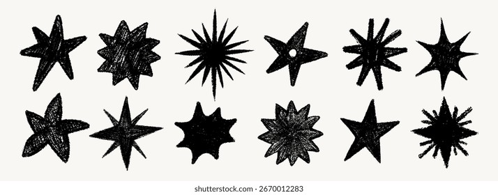 Conjunto de crayones de tiza estrella dibujado a mano con textura de lápiz en estilo de pincel pastel negro. Ilustración de lápiz de estrella de tiza para pegatinas, carteles, tela, papel de regalo, impresión.