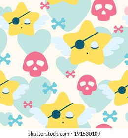 Star character with eye patch and cranium seamless pattern. Vector illustration.