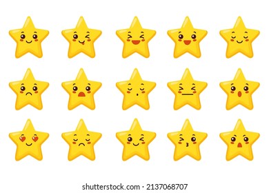 Star character. Golden funny stars with face emotions, cute cartoon emoji design. Vector set