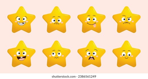 Star character set. Gold funny stars with emotions on face, cute cartoon emoji design. Vector