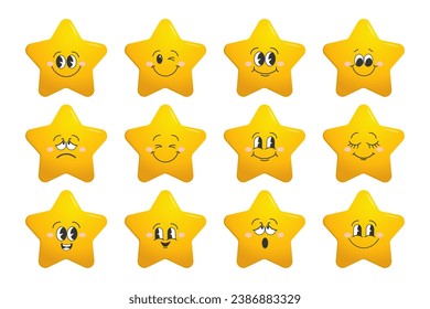 Star character set. Gold funny stars with emotions on face, cute cartoon emoji design. Vector