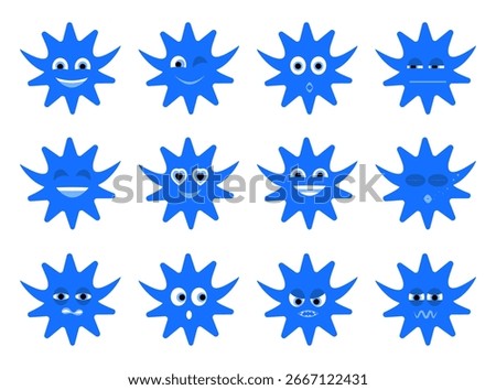 Star character vector set. Funny stars with face emotions, cute cartoon emoji design. Set of emoticons, delight, love, surprise, happyness. Smile, positive emotions, emoji. Mood and facial expression.