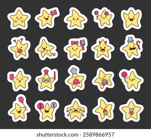 Star characters set with various emotions and accessories, including smiling, laughing, surprised, romantic, celebrating, and enjoying food, drinks, and festive moments in a cute kawaii cartoon style