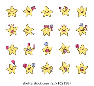 Star characters set with various emotions and accessories, including smiling, laughing, surprised, romantic, celebrating, and enjoying food, drinks, and festive moments in a cute kawaii cartoon style