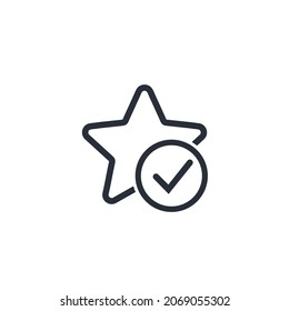 Marca de verificación y estrella. Calidad confirmada, profesionalismo. Icono lineal vectorial aislado en fondo blanco.