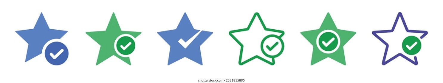 Star with checkmark icons in blue and green color, check mark icon, verified badge icon tick symbol vector approved check mark icon, approved icon.