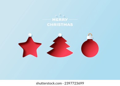 Star, Christmas tree and Christmas ball. Winter and Merry christmas element in paper cut style. Vector illustration.