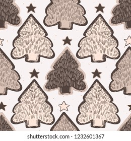 Star Christmas Tree Lino Cut Texture Seamless Vector Pattern, Sketchy Pine Forest Block Print Style for Xmas Home Decor, Wallpaper, Nordic Textile, Yuletide Cards, Festive Party Holiday Brown Ecru