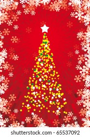 Star Christmas tree with shine red background and snowflake border