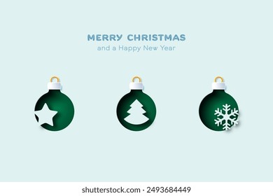 Star, Christmas tree and Snowflake on Christmas ball. Winter and Merry christmas element in paper cut style. Vector illustration.