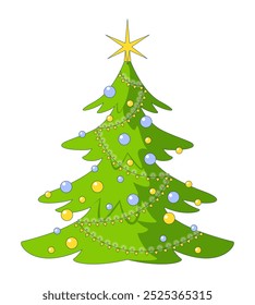 Star Christmas tree with string lights 2D cartoon object. Xmas spruce decorated with festive ornaments. Christmastree isolated element flat vector clipart on white background. Spot illustration