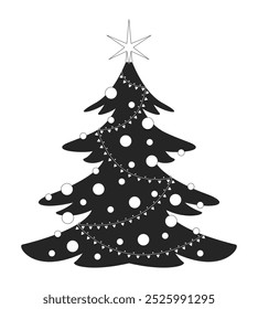 Star Christmas tree with string lights black and white 2D line object. Xmas spruce with festive ornaments. Christmastree isolated clip art vector outline item. Monochromatic spot illustration