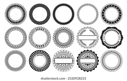 Star circle badge. Emblem templates with circular stars patterns and laurel wreaths. Seal stamp starry frames, premium badges and round vintage borders vector set.
