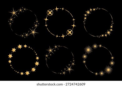 Star circle frame collection. Golden stars wreath set. Round stardust border