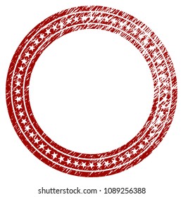 Star circle frame distress textured template. Vector draft element with grainy design and corroded texture in red color. Designed for overlay watermarks and rubber seal imitations.