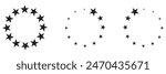 Star circle frame set. Wreath round stardust border for party, birthday decor design. Laurel frame with, cosmic glitter shine. Isolated black flat vector illustration.