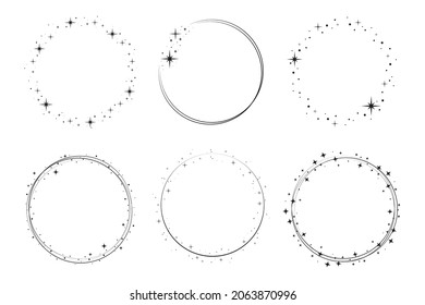 Star circle frame set. Wreath round stardust border for party, birthday decor design. Laurel frame with, cosmic glitter shine. Isolated black flat vector illustration.