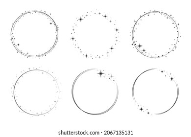 Star Circle Frame Set. Wreath Round Stardust Border For Party, Birthday Decor Design. Laurel Frame With, Cosmic Glitter Shine. Isolated Black Flat Vector Illustration.