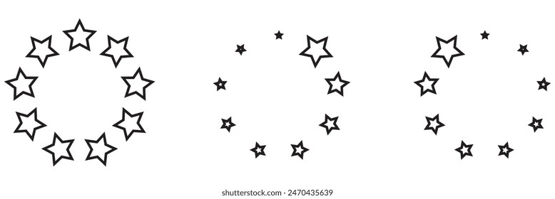 Star circle frame set. Wreath round stardust border for party, birthday decor design. Laurel frame with, cosmic glitter shine. Isolated black flat vector illustration.