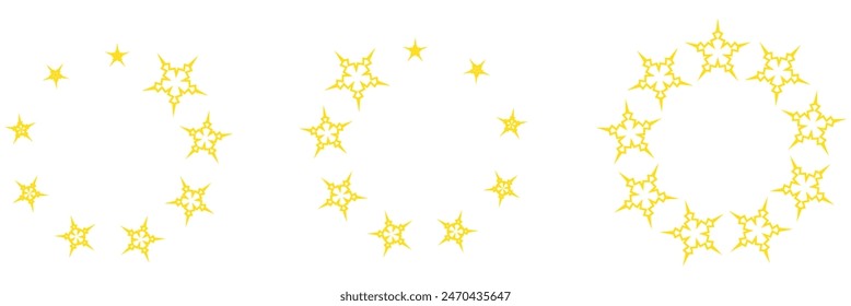 Star circle frame set. Wreath round stardust border for party, birthday decor design. Laurel frame with, cosmic glitter shine. Isolated black flat vector illustration.
