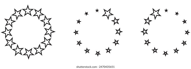 Sternenkreis-Rahmensatz. Kranz rund Sternenstaub Rand für Party, Geburtstag Dekor Design. Lorbeerrahmen mit kosmischem Glitzer. Isolierte schwarze flache Vektorillustration.