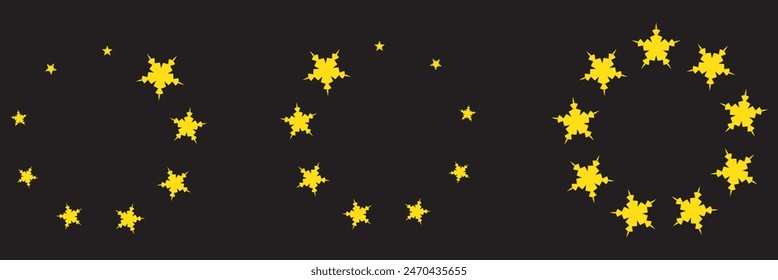 Star circle frame set. Wreath round stardust border for party, birthday decor design. Laurel frame with, cosmic glitter shine. Isolated black flat vector illustration.