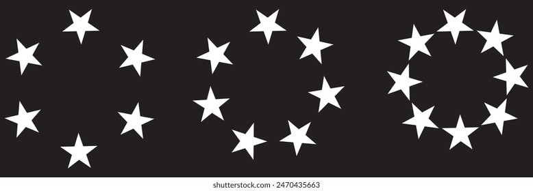 Star circle frame set. Wreath round stardust border for party, birthday decor design. Laurel frame with, cosmic glitter shine. Isolated black flat vector illustration.