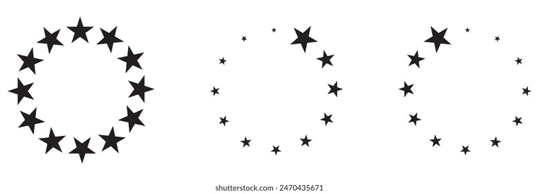 Conjunto de marco de círculo de estrellas. Borde de polvo de estrellas redondo de la corona para la fiesta, diseño de la decoración del cumpleaños. Marco de laurel con brillo cósmico. Ilustración vectorial plana negra aislada.