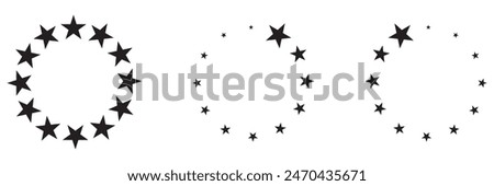 Star circle frame set. Wreath round stardust border for party, birthday decor design. Laurel frame with, cosmic glitter shine. Isolated black flat vector illustration.