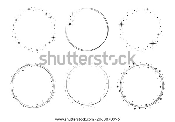 Star circle frame set.\
Wreath round stardust border for party, birthday decor design.\
Laurel frame with, cosmic glitter shine. Isolated black flat vector\
illustration.