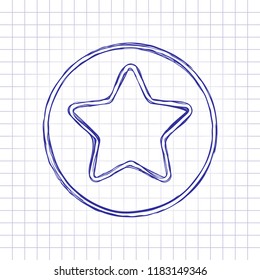 star in circle icon. Hand drawn picture on paper sheet. Blue ink, outline sketch style. Doodle on checkered background