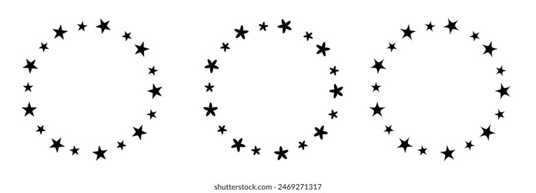 Icono de estrella en círculo. Marco de estrellas aisladas sobre fondo blanco. Abstractas patrón decorativo. Círculo con icono de estrella negra. ILUSTRACIÓN VECTORIAL .